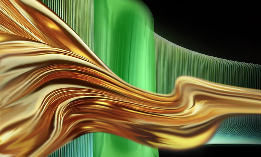 A golden fluid streams across horizontally in front of a green undulating wall.