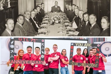 Top historical photo, in black-and-white, shows about 20 men in suits seated at a long formal dinner table. Bottom photo shows a group of students in red T-shirts smiling and horsing around.