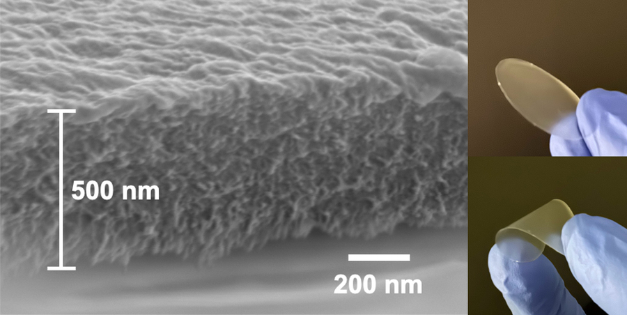 On left, nanoscopic image shows the filter is only 500nm thick. Two photos show the circular filter prototype is also flexible.